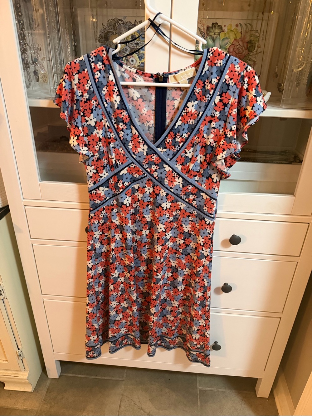 Michael Kors Floral V-Neck Dress in Coral and Blue with Navy Trim